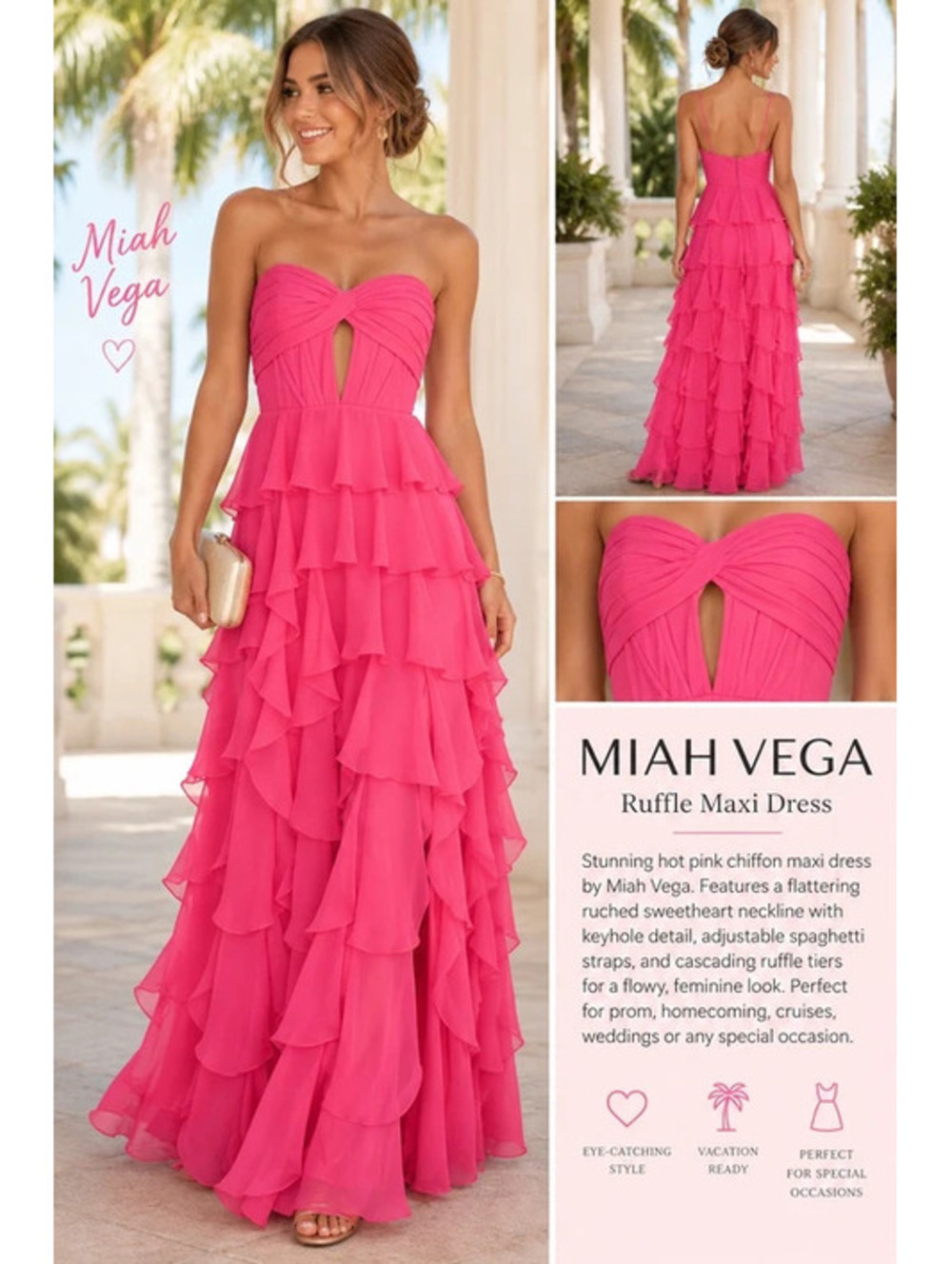 Miah Vega Hot Pink Ruffle Maxi Prom Formal Dress Corset Back Size 2